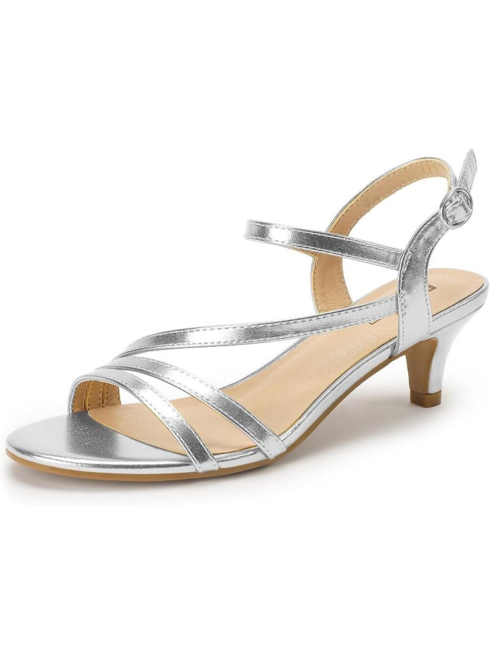 Women's Silver PU Low Kitten Heels Open Toe Heel Buckle Ankle Strap Sandals